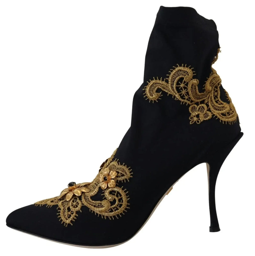 Bottes cheville en velours noir dolce gabbana avec broderie or et embellissement floral près de l’orteil