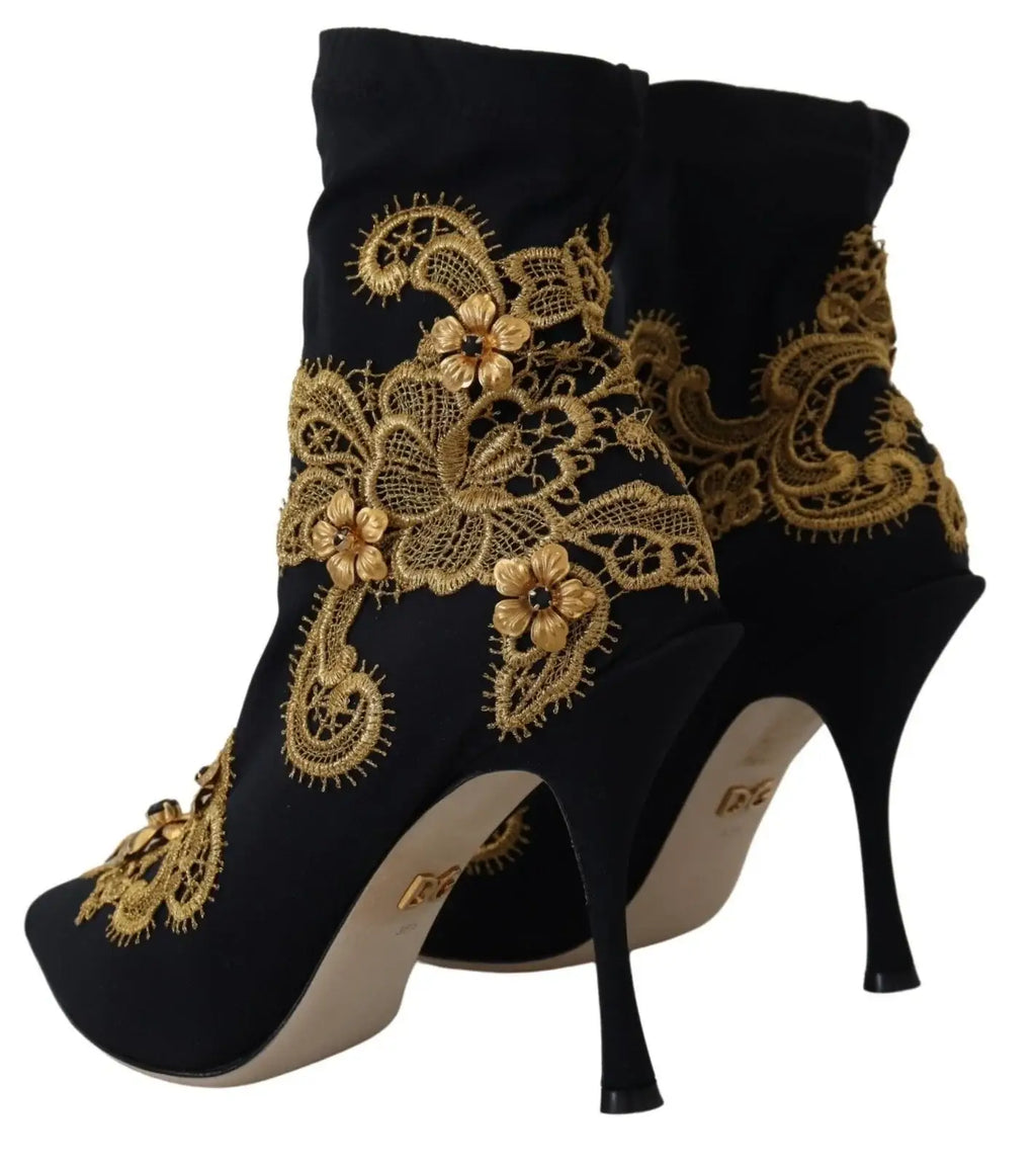 Dolce & Gabbana bottines noires en daim avec broderie dorée et embellissements floraux en cristal