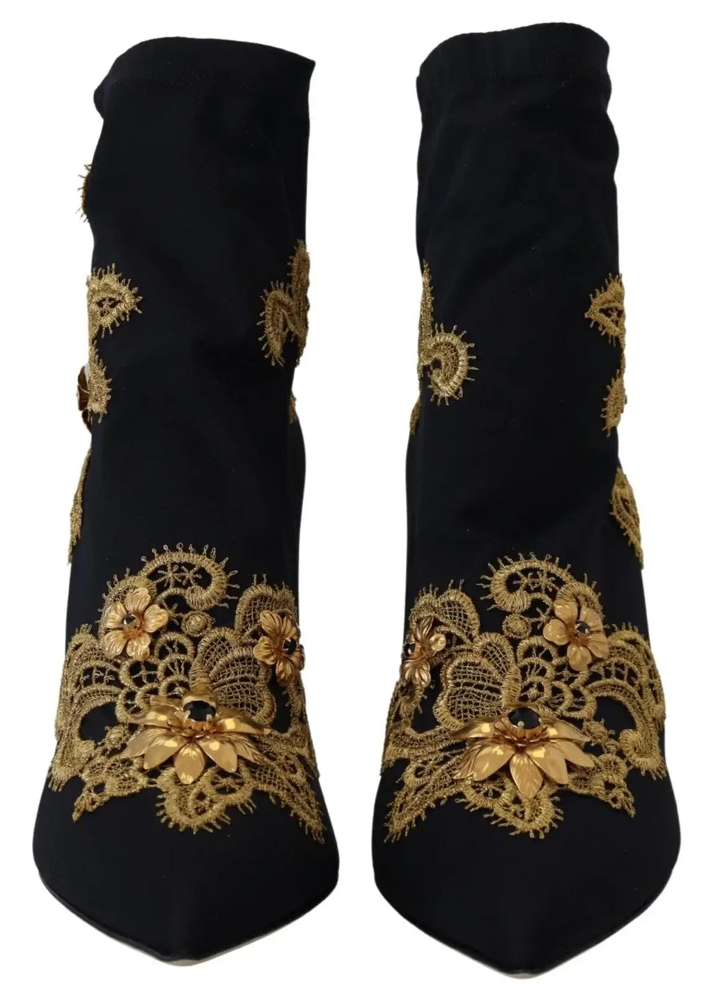 Dolce & gabbana bottines noires avec broderie dorée complexe et appliqués floraux en dentelle de luxe