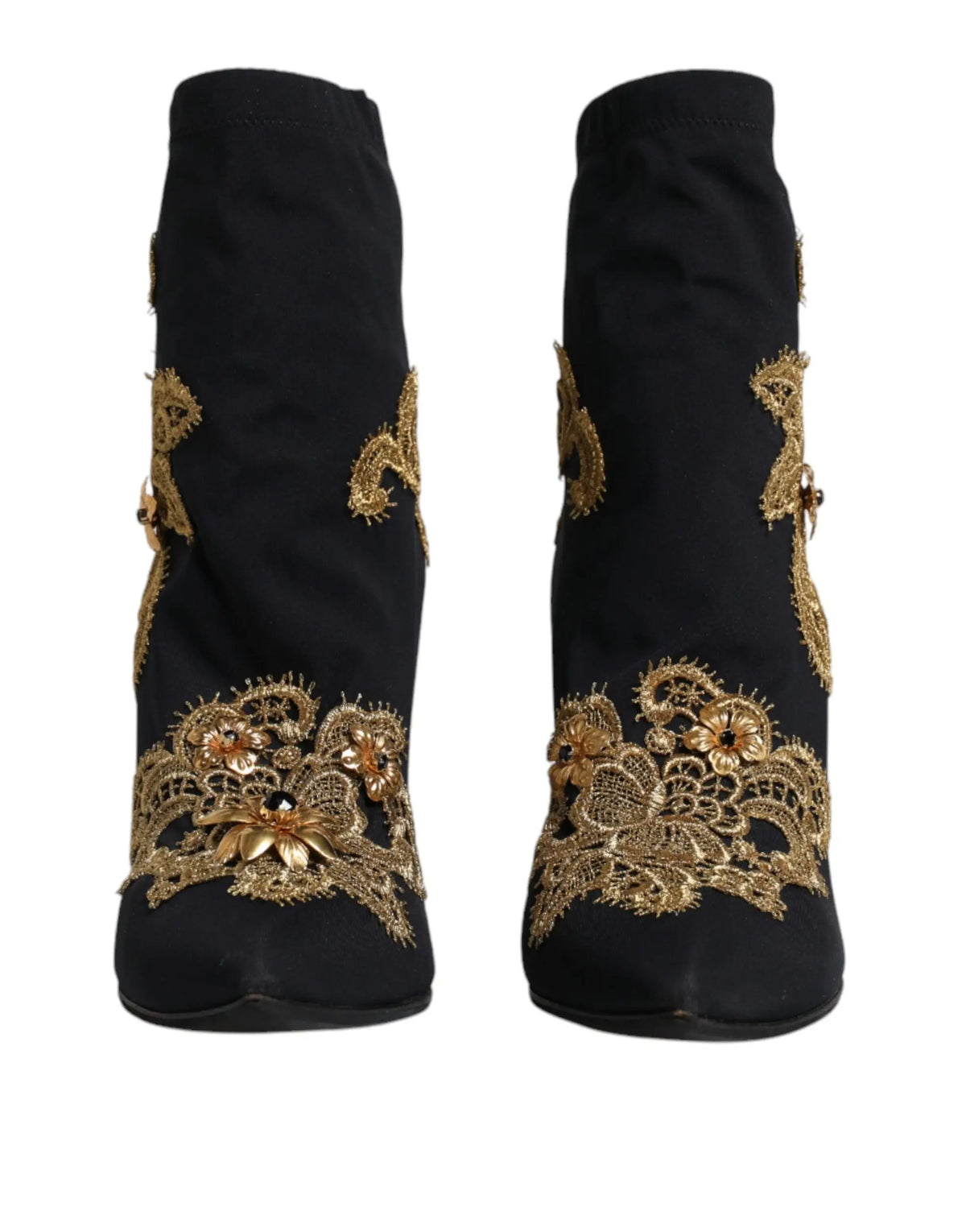 Dolce & gabbana bottines noires en satin avec broderie or et décorations florales en dentelle