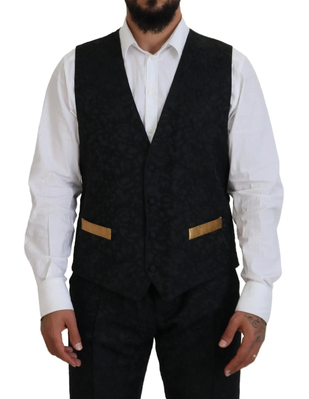 Gilet en laine texturée noire avec poches à rabat rectangulaires dorées et fermeture à boutons dolce gabbana