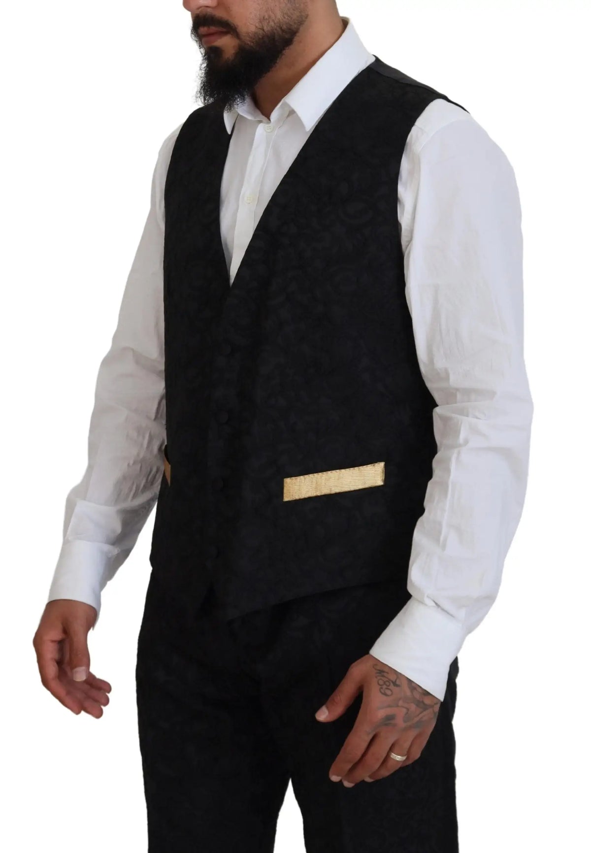Dolce & gabbana slim fit tuxedo noir avec gilet texturé et accent rectangulaire doré sur le devant