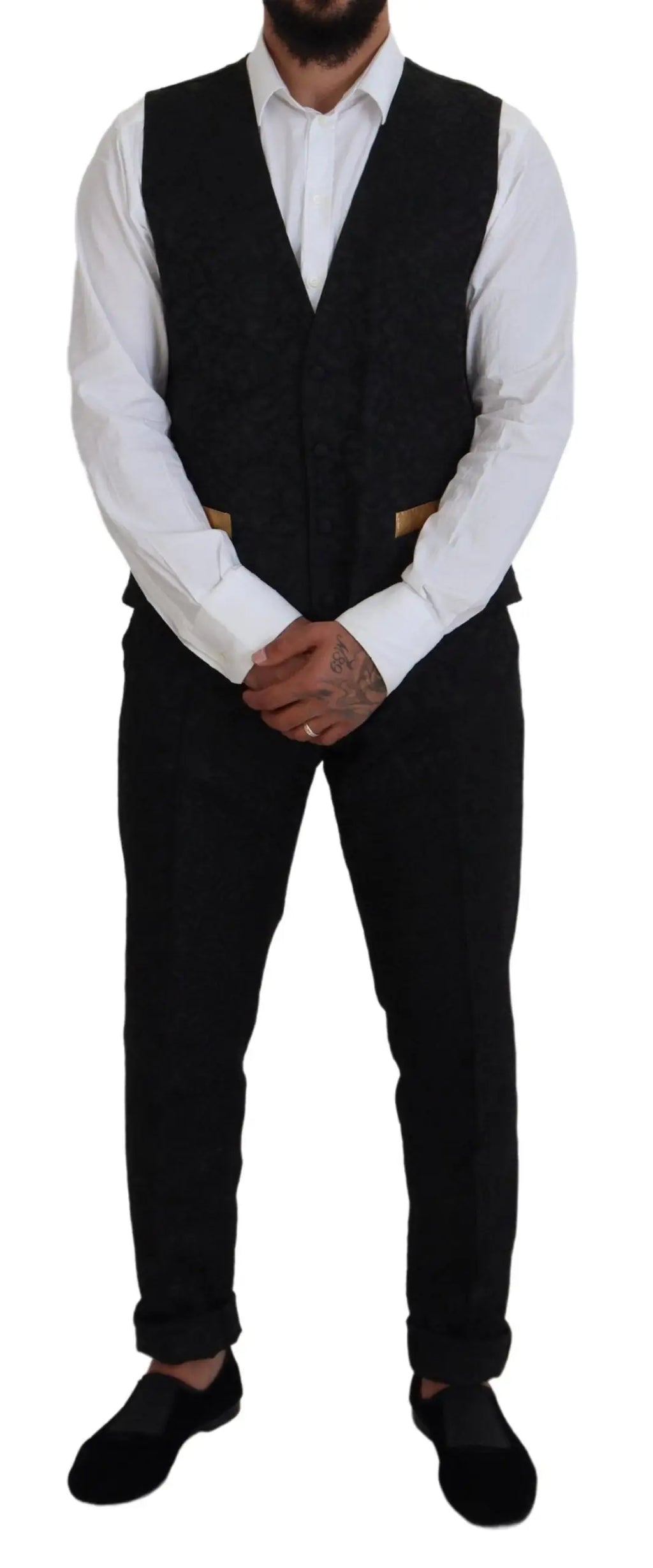 Waistcoat noire texturée dolce & gabbana avec poches à rabat dorées dans costume slim fit tuxedo gold fantasy