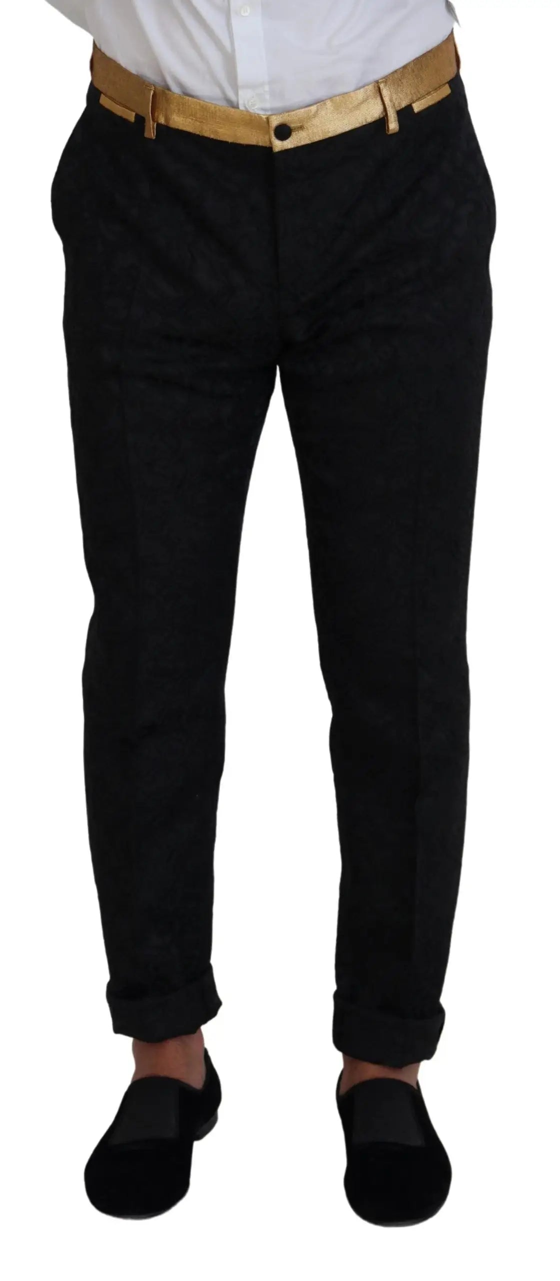 Pantalon noir tailleur dolce & gabbana avec ceinture dorée slim fit pour costume tuxedo élégant