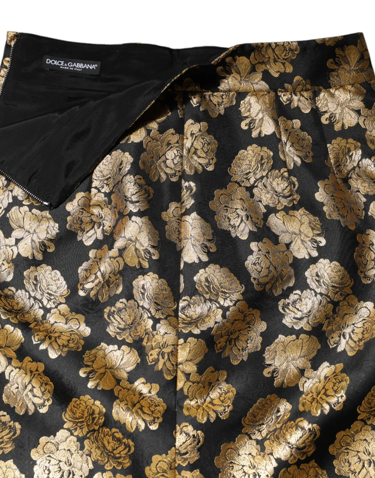 Jupe courte noire dolce gabbana en jacquard avec motif floral doré détaillé