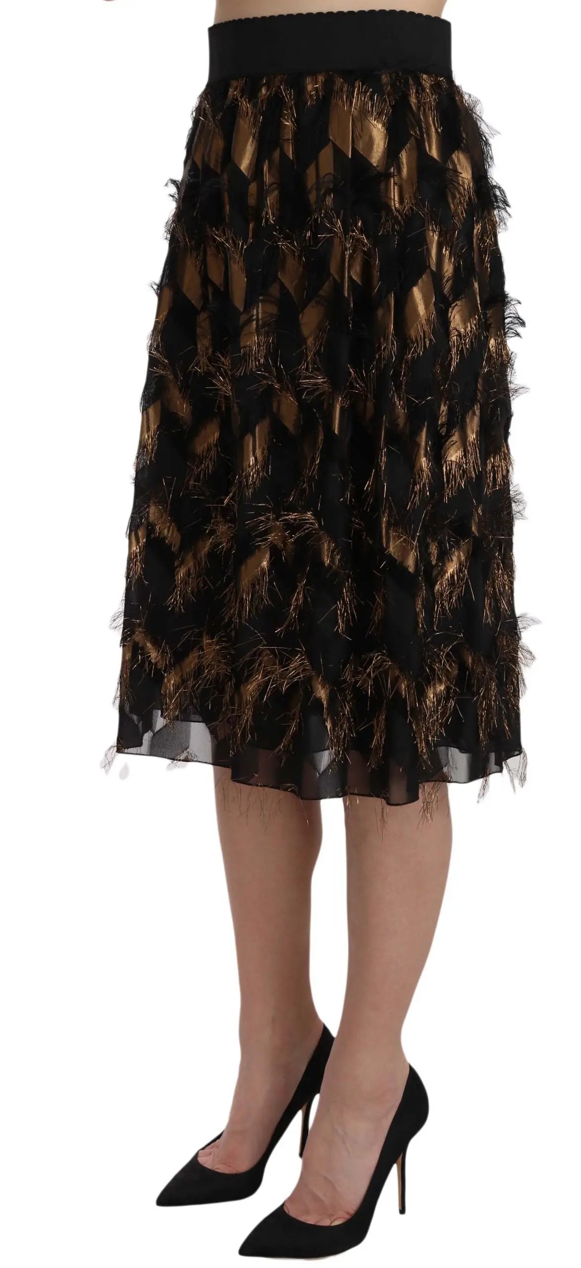 Jupe midi dolce et gabbana noire et or en plumes avec taille haute élastique et effet métallique frangé