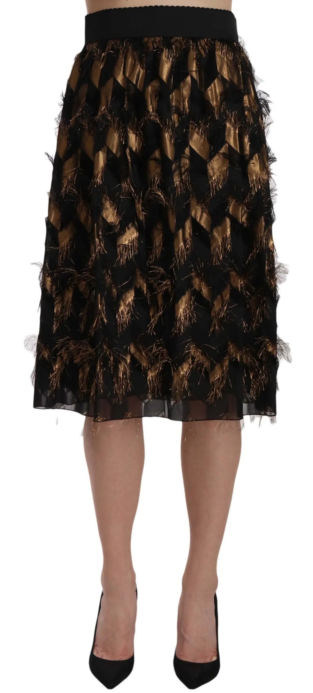 Jupe midi noire et or à franges métalliques dolce gabbana avec taille côtelée