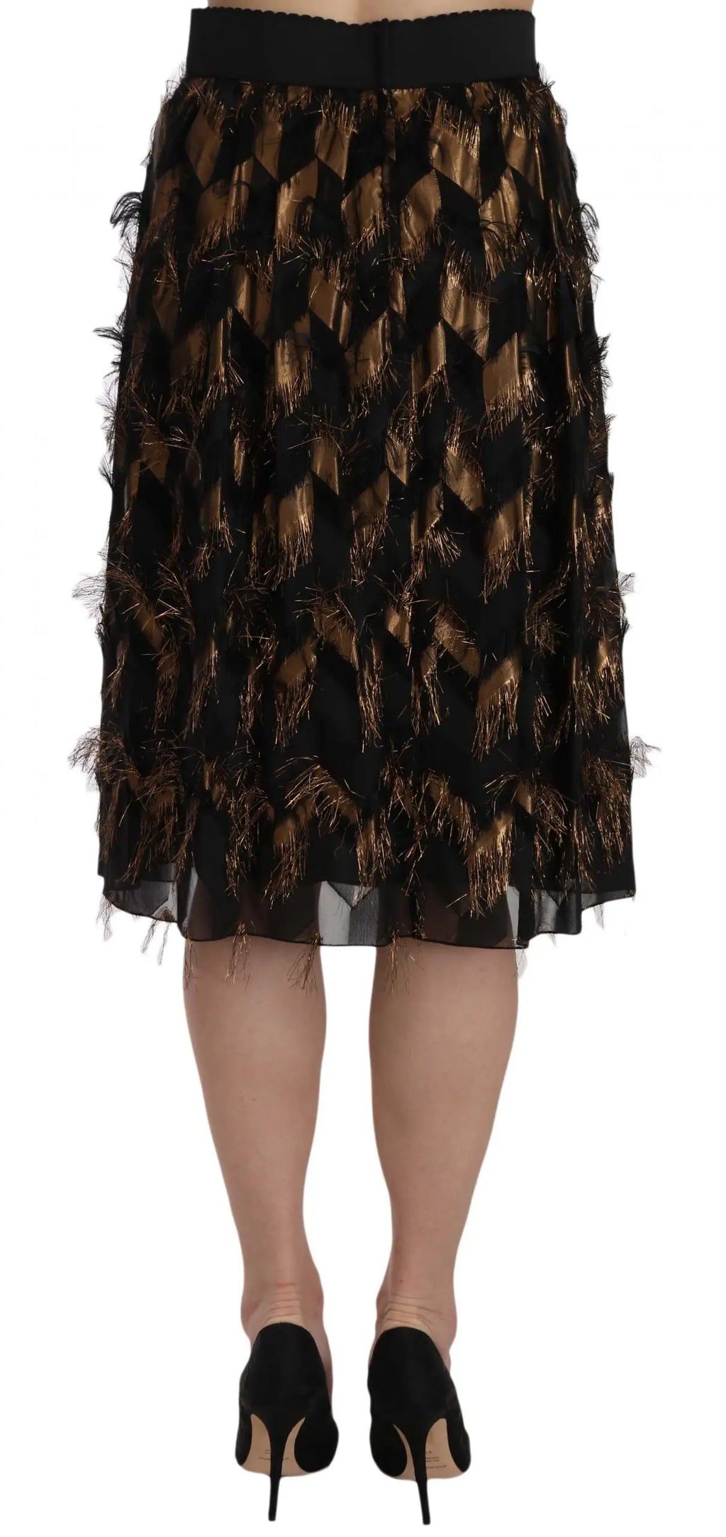 Dolce & Gabbana jupe midi noire et or avec plumes et bande élastique taille haute en métal effet frange