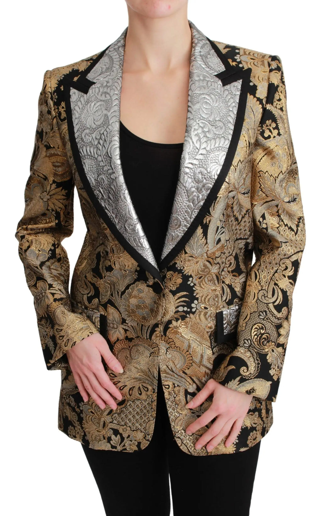 Blazer dolce & gabbana noir et or en jacquard avec revers en satin argenté et broderie florale luxueuse