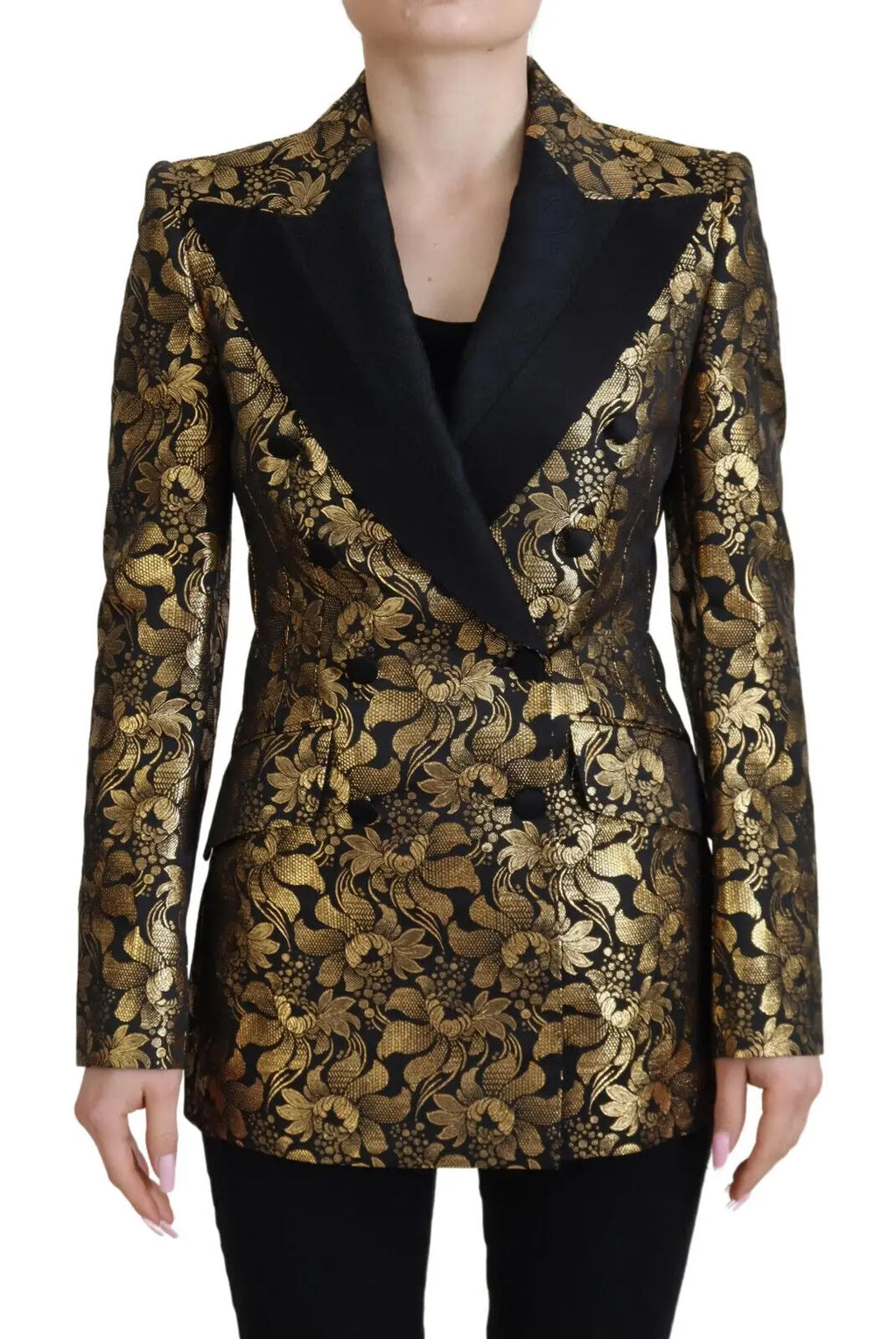 Dolce & Gabbana blazer noir et or en jacquard floral élégant avec revers en satin contrastant