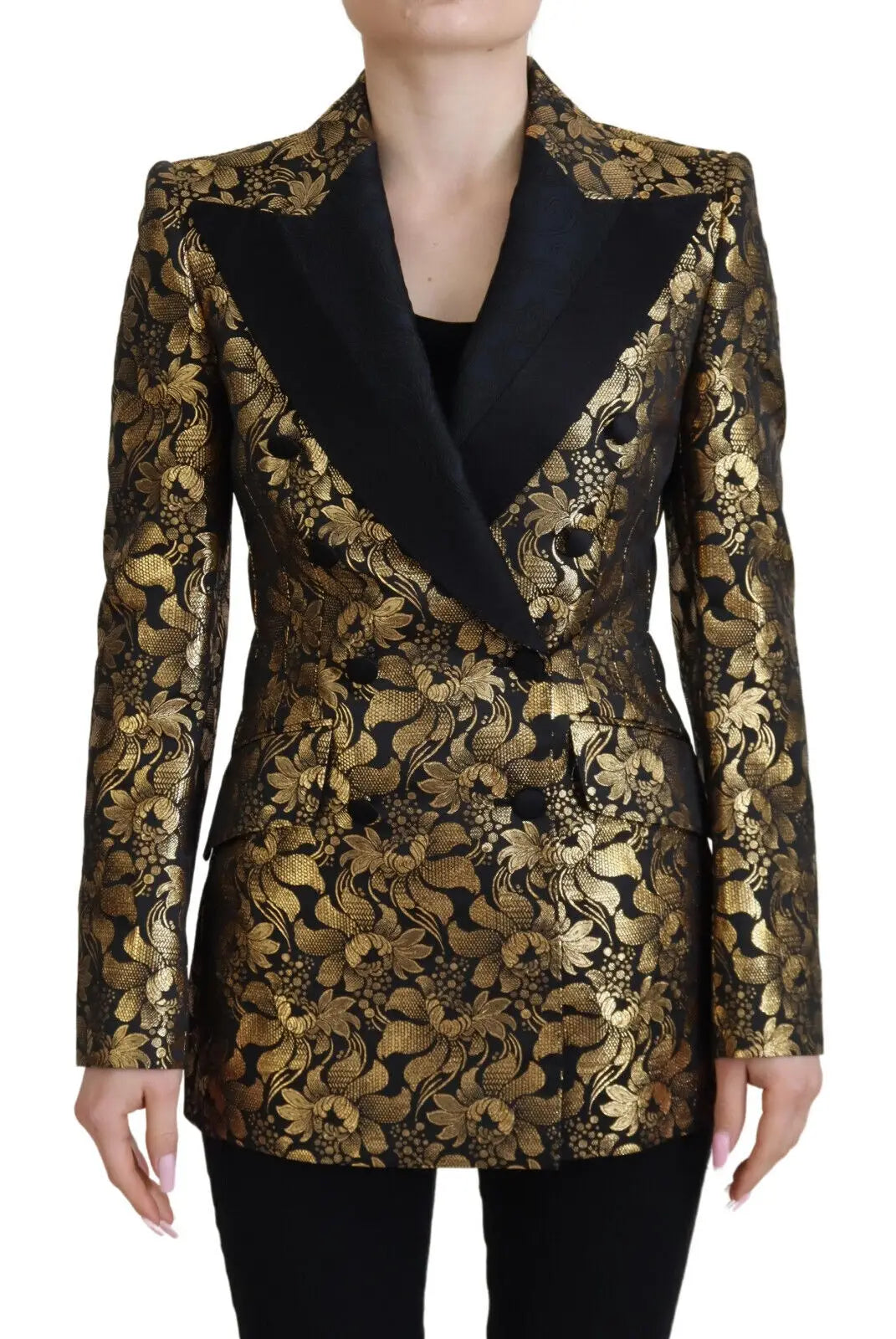 Dolce & Gabbana blazer noir et or en jacquard floral élégant avec revers en satin contrastant