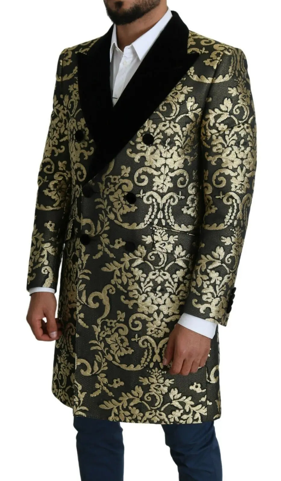 Dolce & gabbana sicilia veste noire et or en jacquard longue avec manteau croisé vert olive luxueux et revers en velours noir