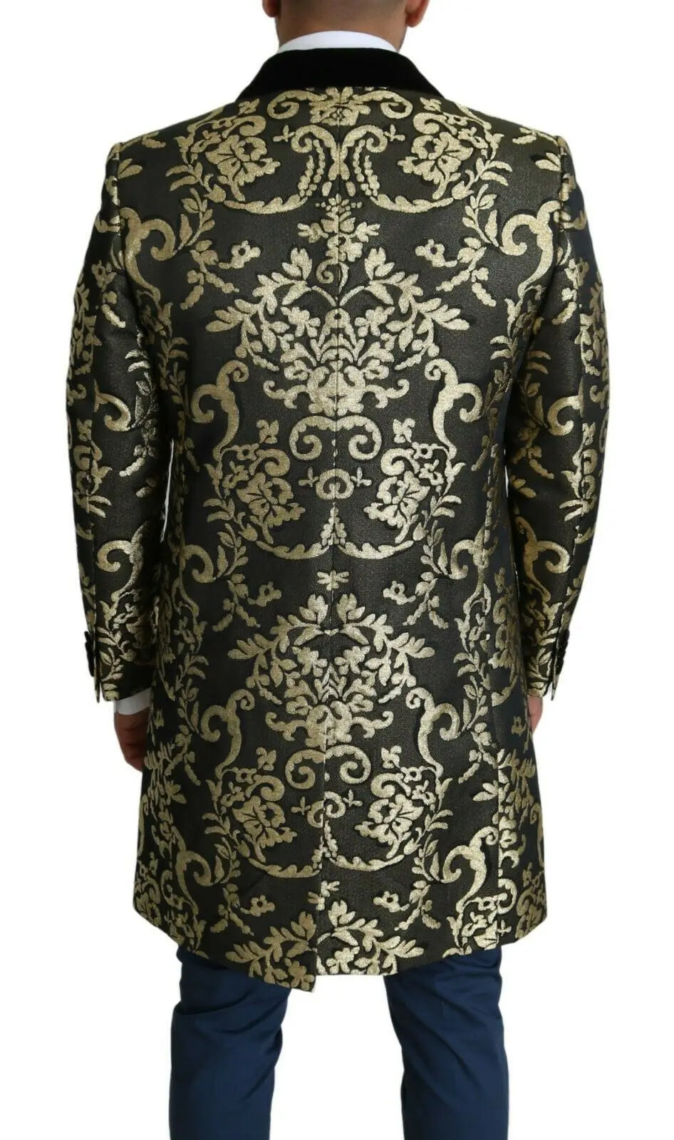 Dolce & Gabbana veste longue noire et or en jacquard avec col en velours à motif damassé luxueux