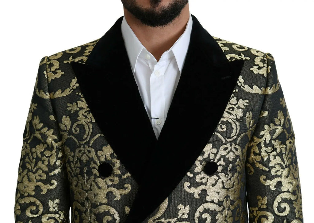 Dolce & gabbana veste sicilia noire et or en jacquard à double boutonnage avec revers en velours noir et motif floral doré