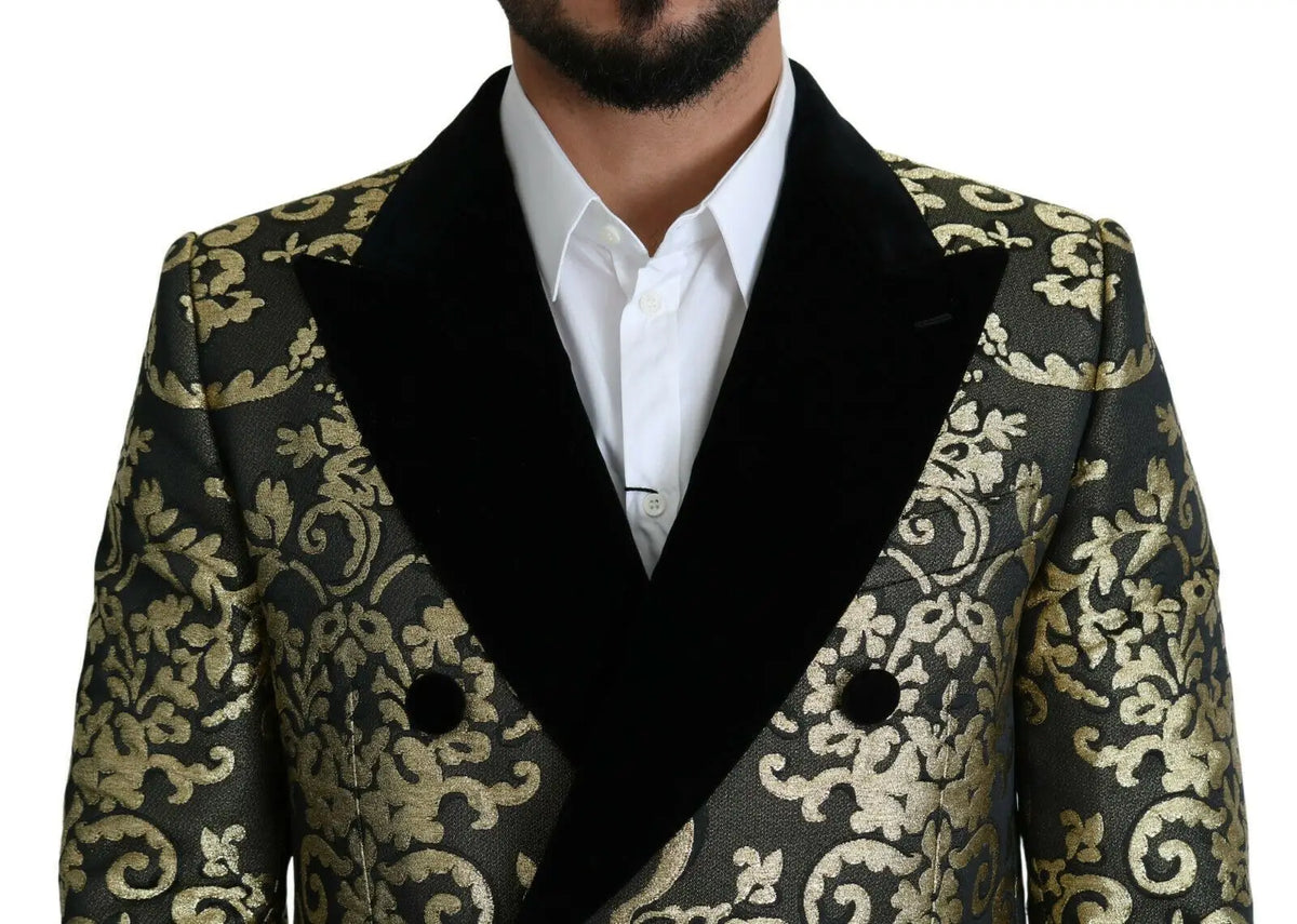 Dolce & gabbana veste sicilia noire et or en jacquard à double boutonnage avec revers en velours noir et motif floral doré