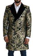 Dolce & gabbana sicilia manteau long jacquard noir or olive vert luxueux avec col en velours noir double boutonnage