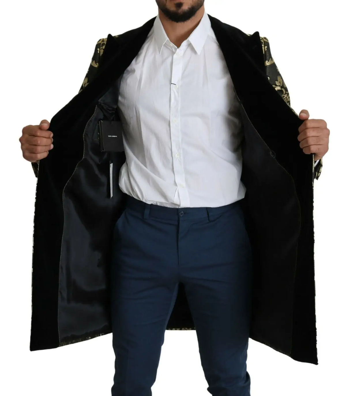 Manteau long dolce & gabbana sicilia noir en velours avec broderie florale dorée sur les épaules