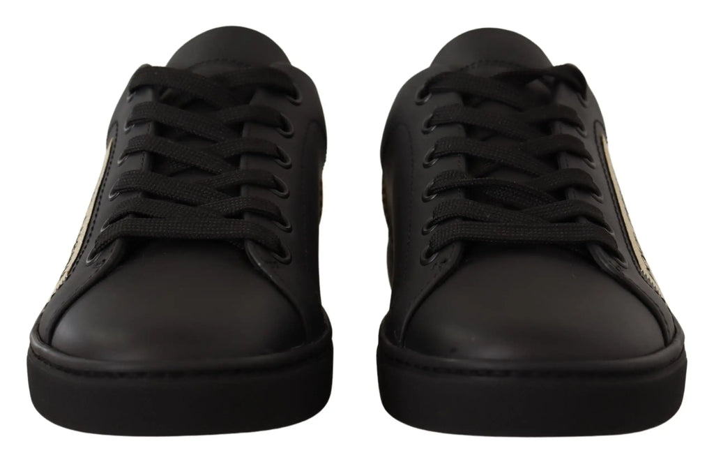 Dolce & gabbana baskets basses en cuir noir pour femme avec fines bandes latérales dorées