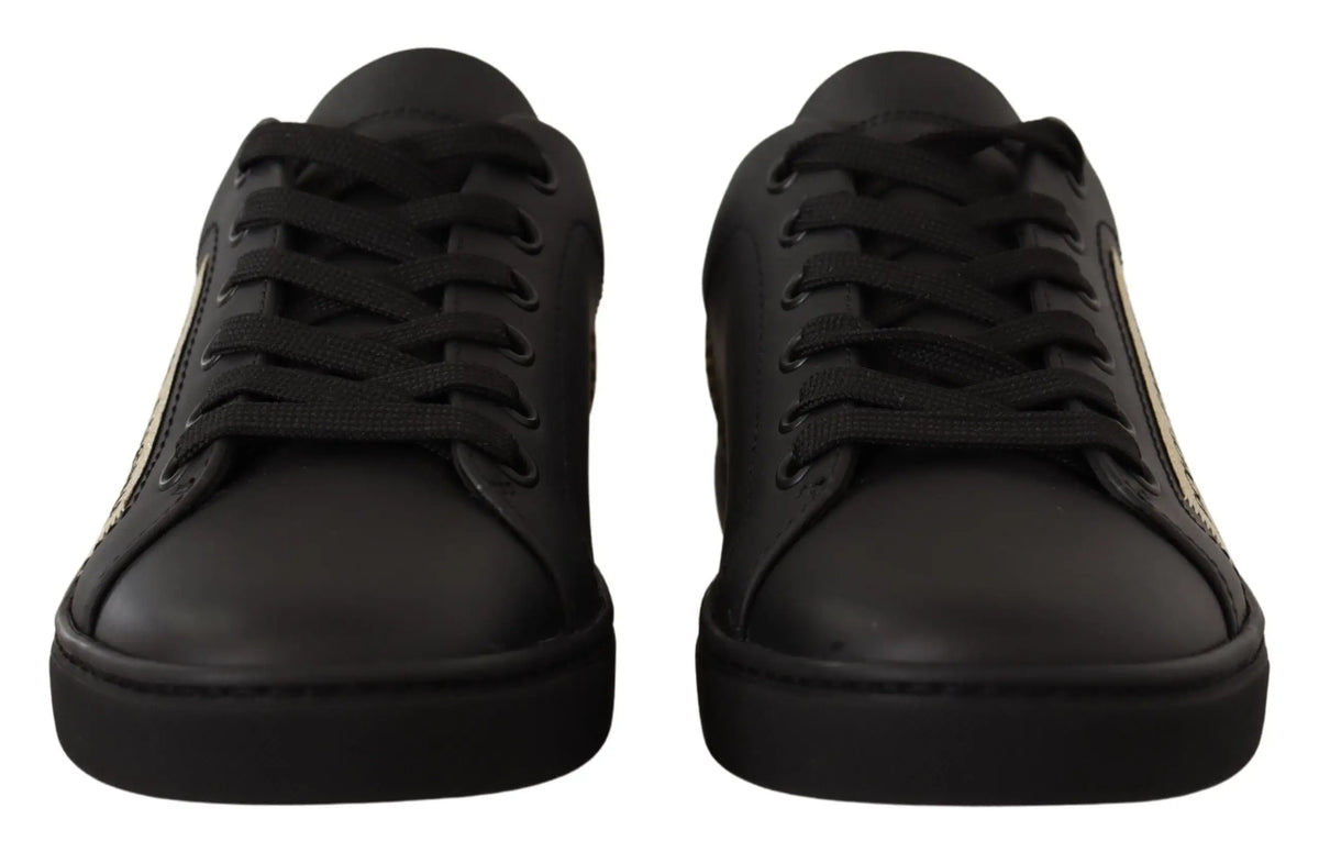 Dolce & gabbana baskets basses en cuir noir pour femme avec fines bandes latérales dorées