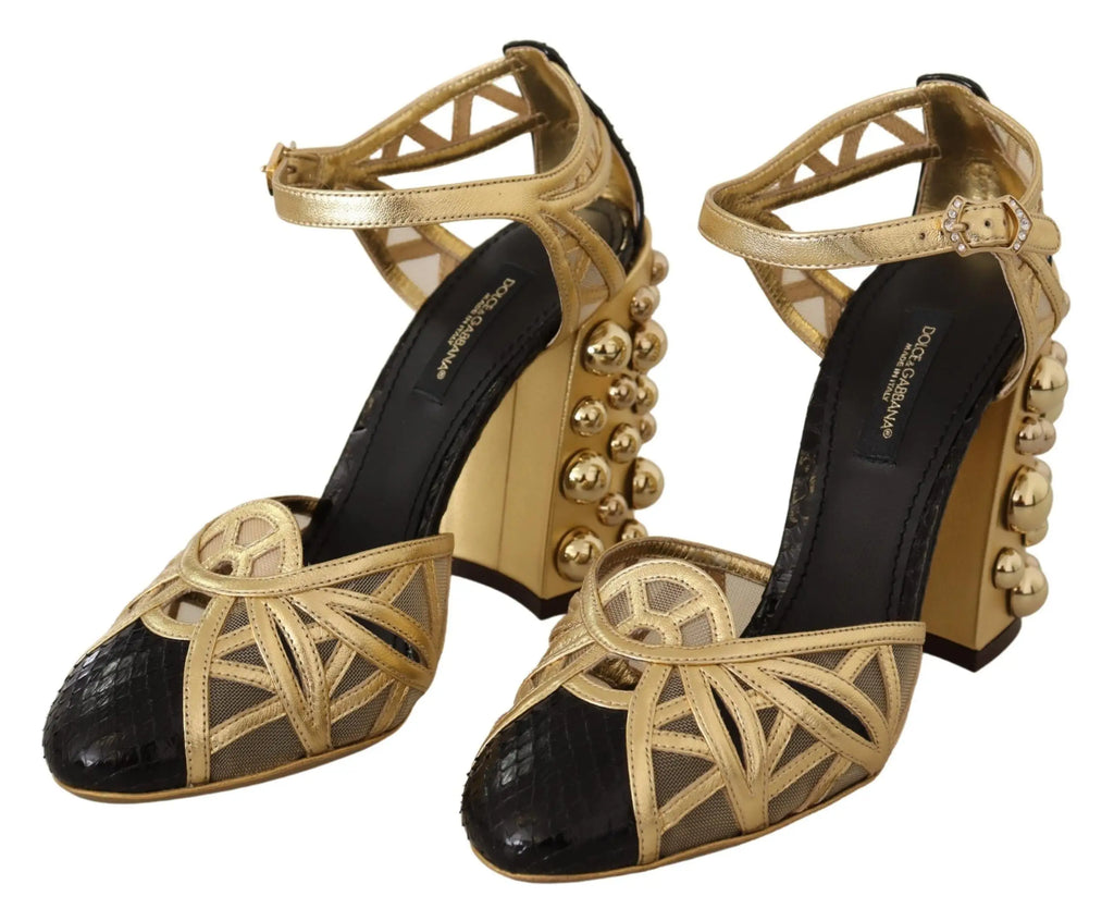 Dolce & gabbana sandales à talons en cuir noir et or avec lanières chevilles et studs sphériques sur le talon