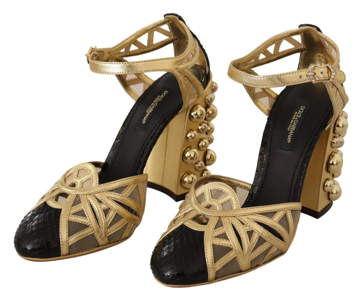 Dolce & gabbana sandales à talons en cuir noir et or avec lanières chevilles et studs sphériques sur le talon