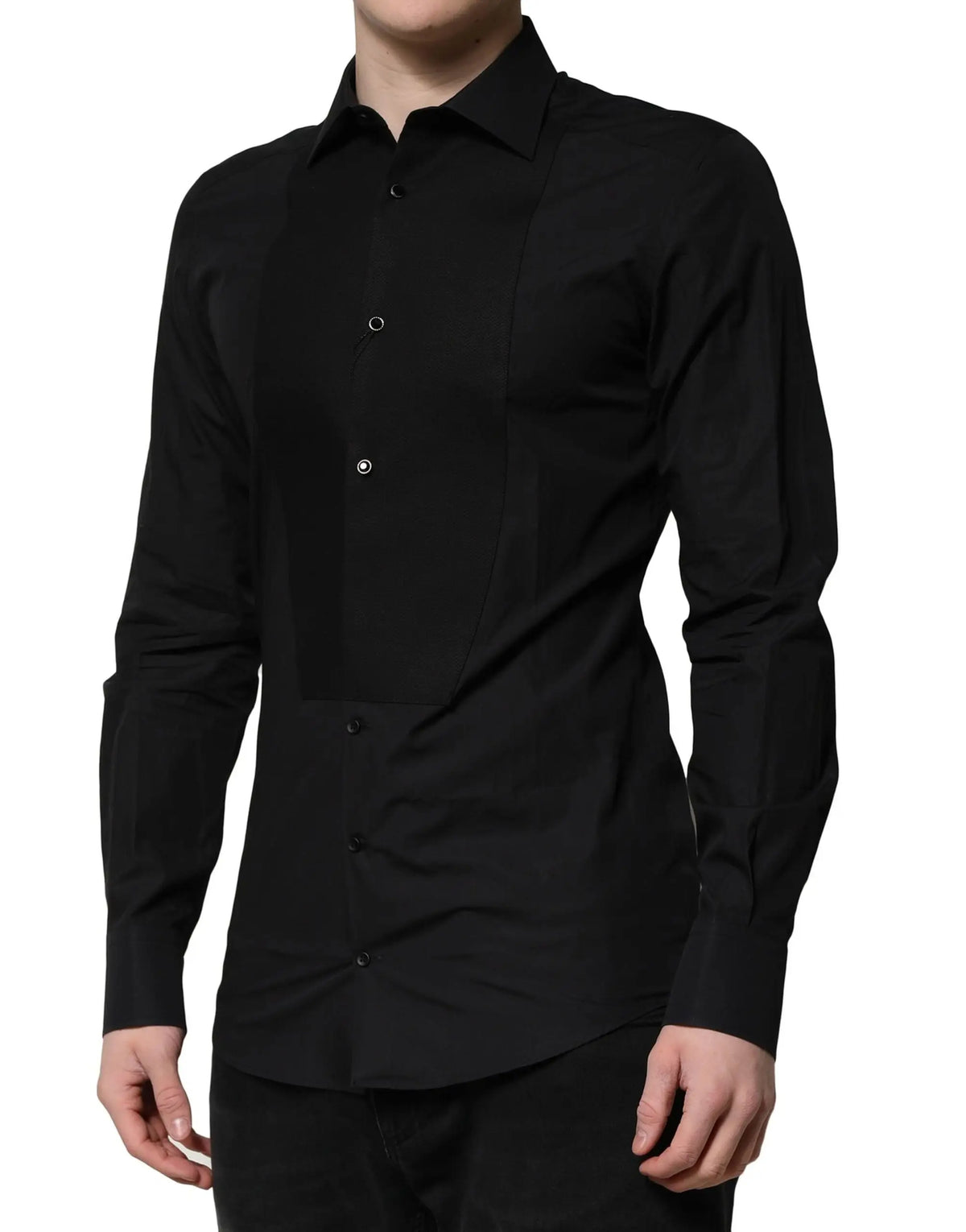 Chemise de soirée noire à manches longues dolce & gabbana gold avec col classique et texture subtile