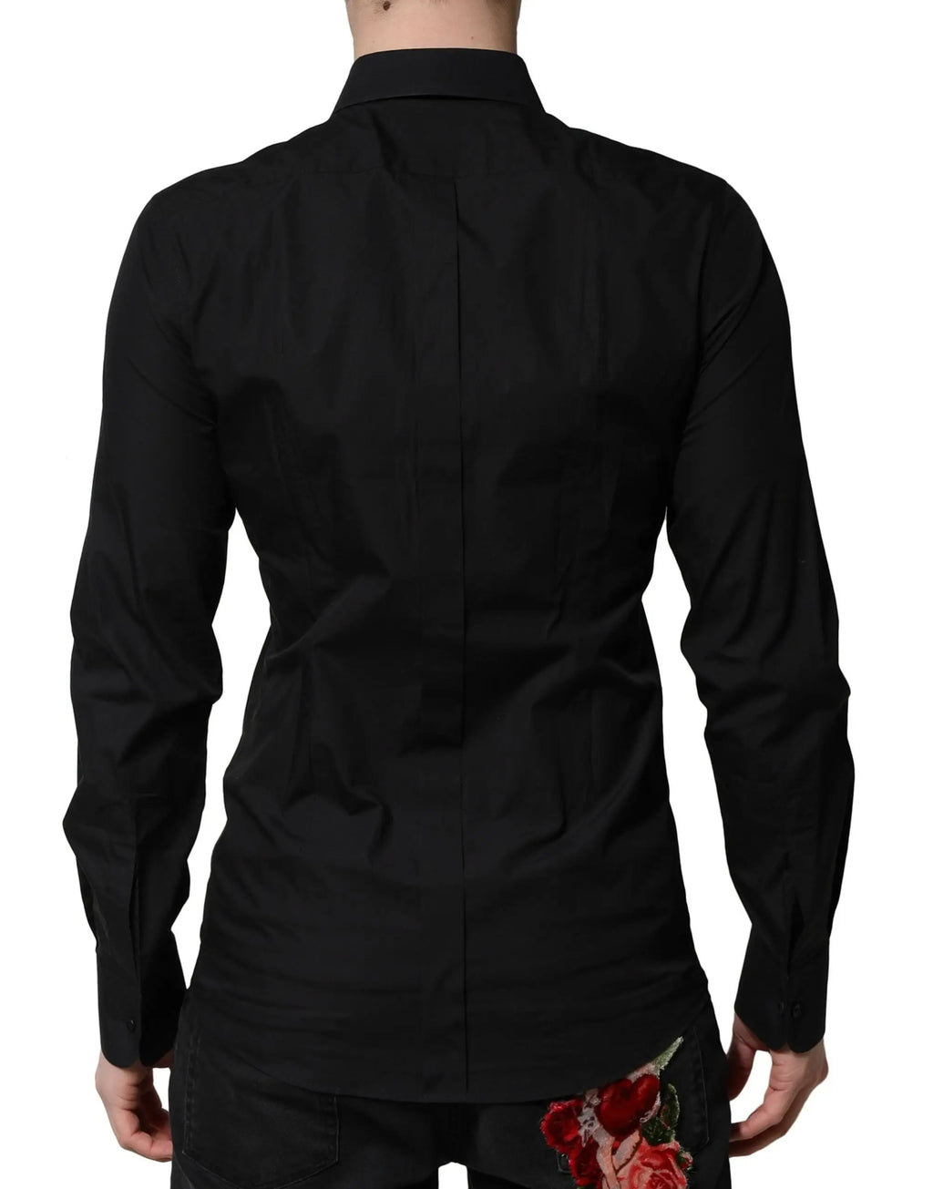Dolce & gabbana chemise noire en coton à manches longues vue de dos avec broderie rose rouge au bas du dos