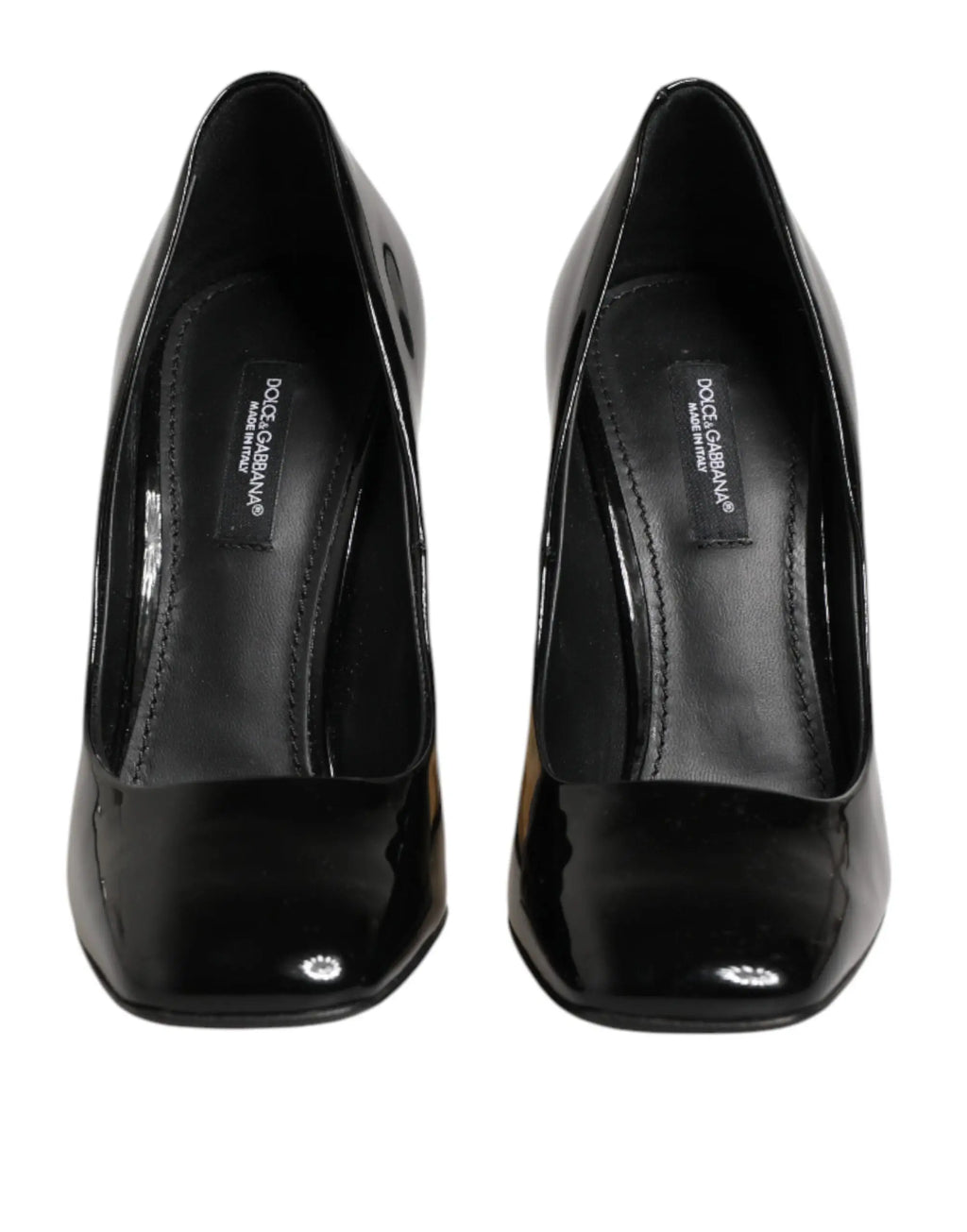 Dolce & gabbana escarpins noirs en cuir verni avec logo doré talons carrés et fini brillant élégant