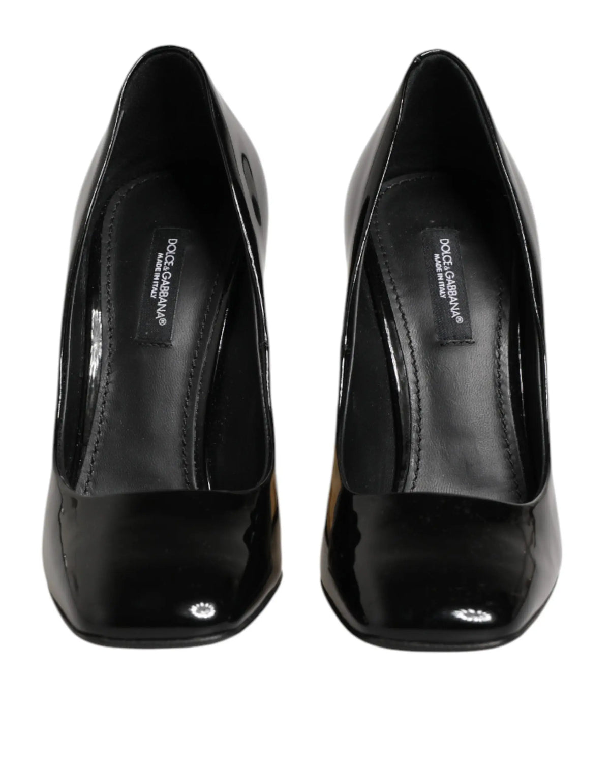 Dolce & gabbana escarpins noirs en cuir verni avec logo doré talons carrés et fini brillant élégant