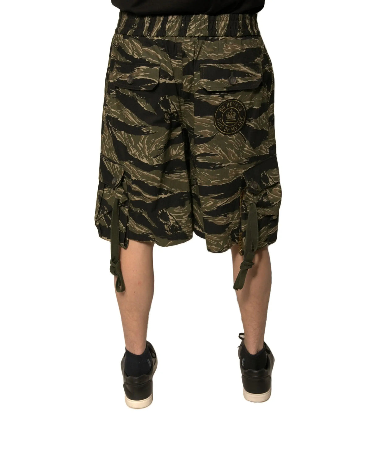 Dolce & gabbana bermuda en coton noir avec motifs tigre et poches cargo à cordons de serrage sur les côtés