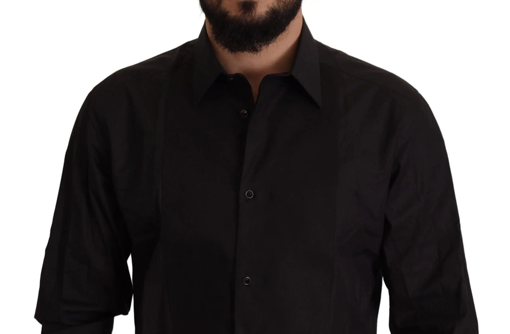 Chemise de soirée dolce gabbana noire slim fit à manches longues avec col classique et texture subtile