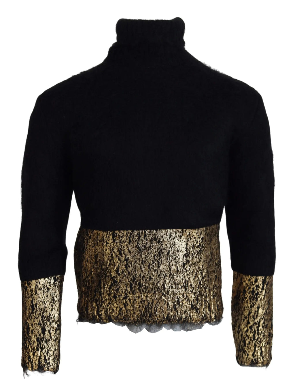 Dolce gabbana pull noir en mohair avec panneau en dentelle dorée à l’ourlet et aux poignets homme