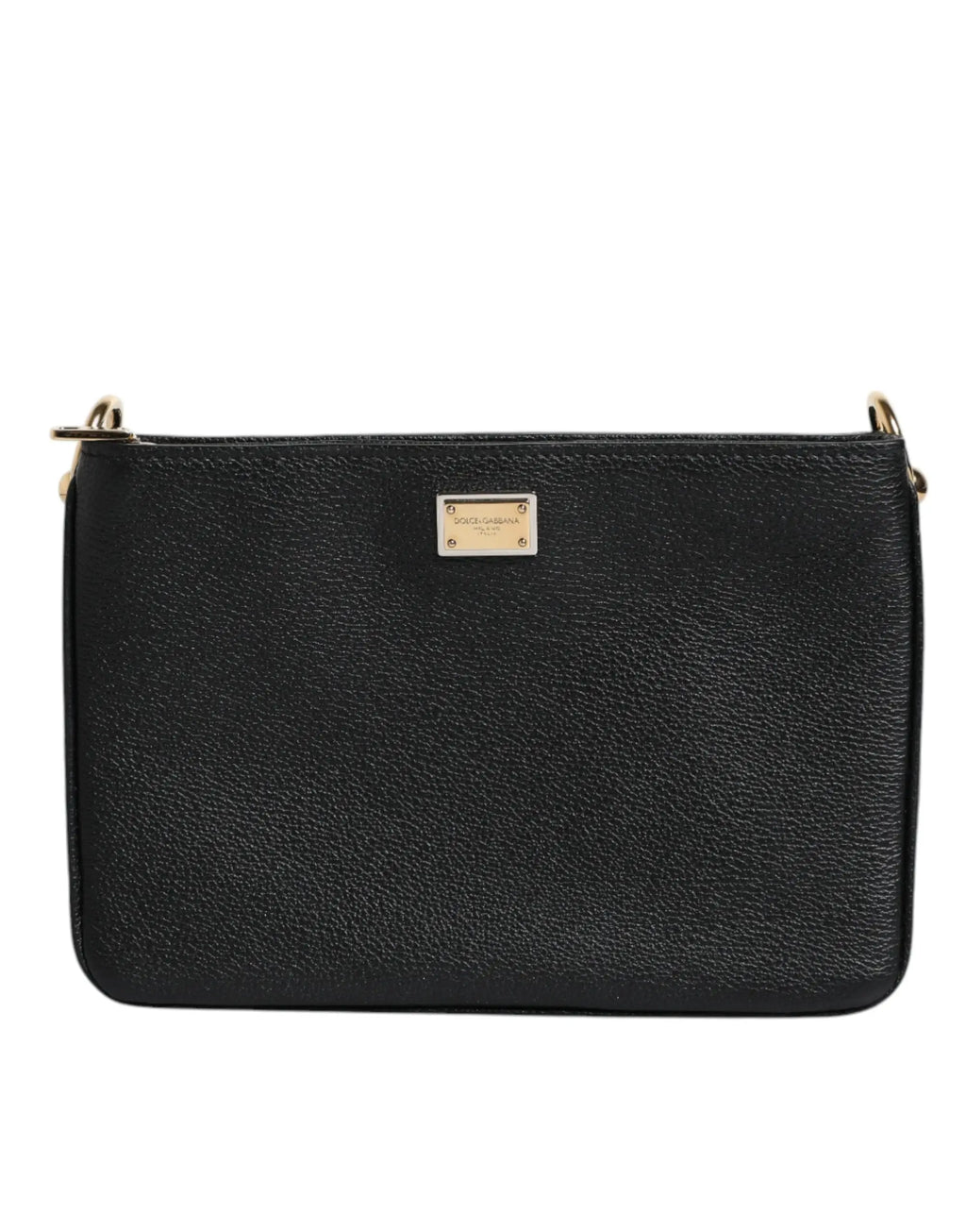 Dolce & gabbana clutch en cuir grainé noir avec plaque logo rectangulaire et détails métalliques dorés
