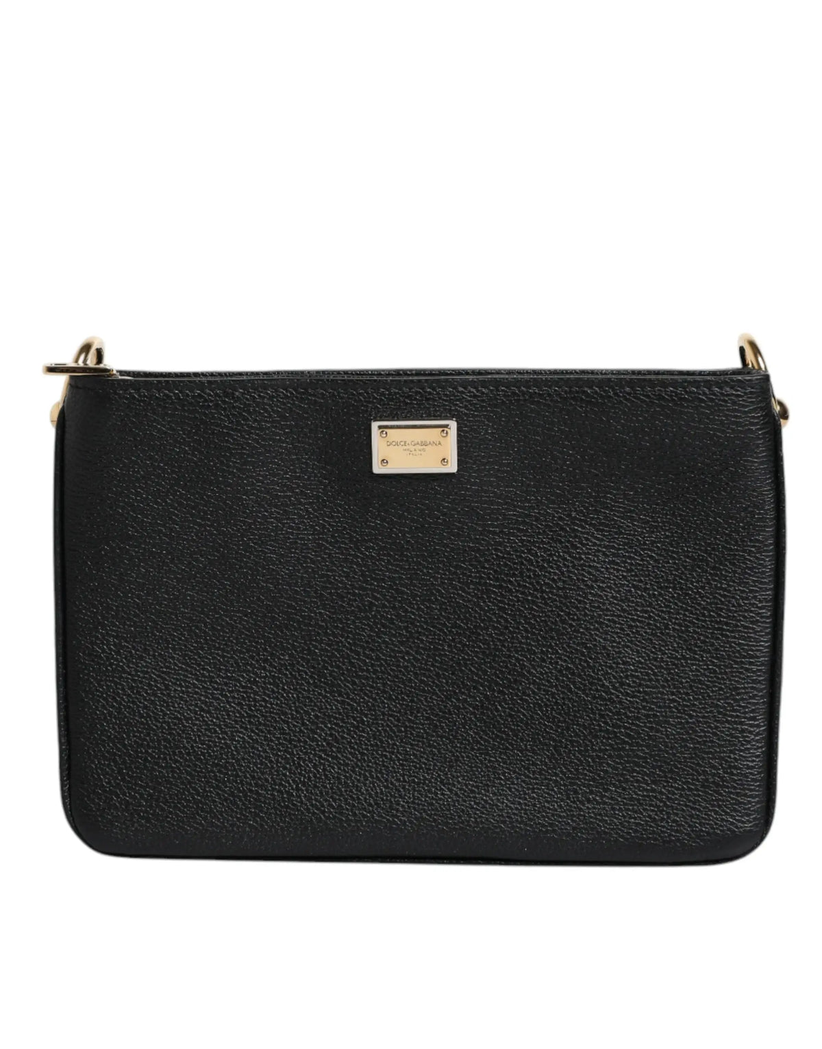 Dolce & gabbana sac pochette en cuir grainé noir avec plaque logo rectangulaire en métal doré