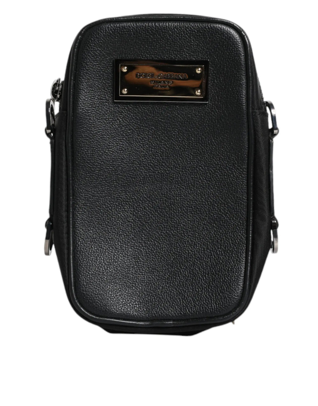 Sac bandoulière noir en cuir grainé dolce & gabbana avec plaque métallique et ferrures argentées
