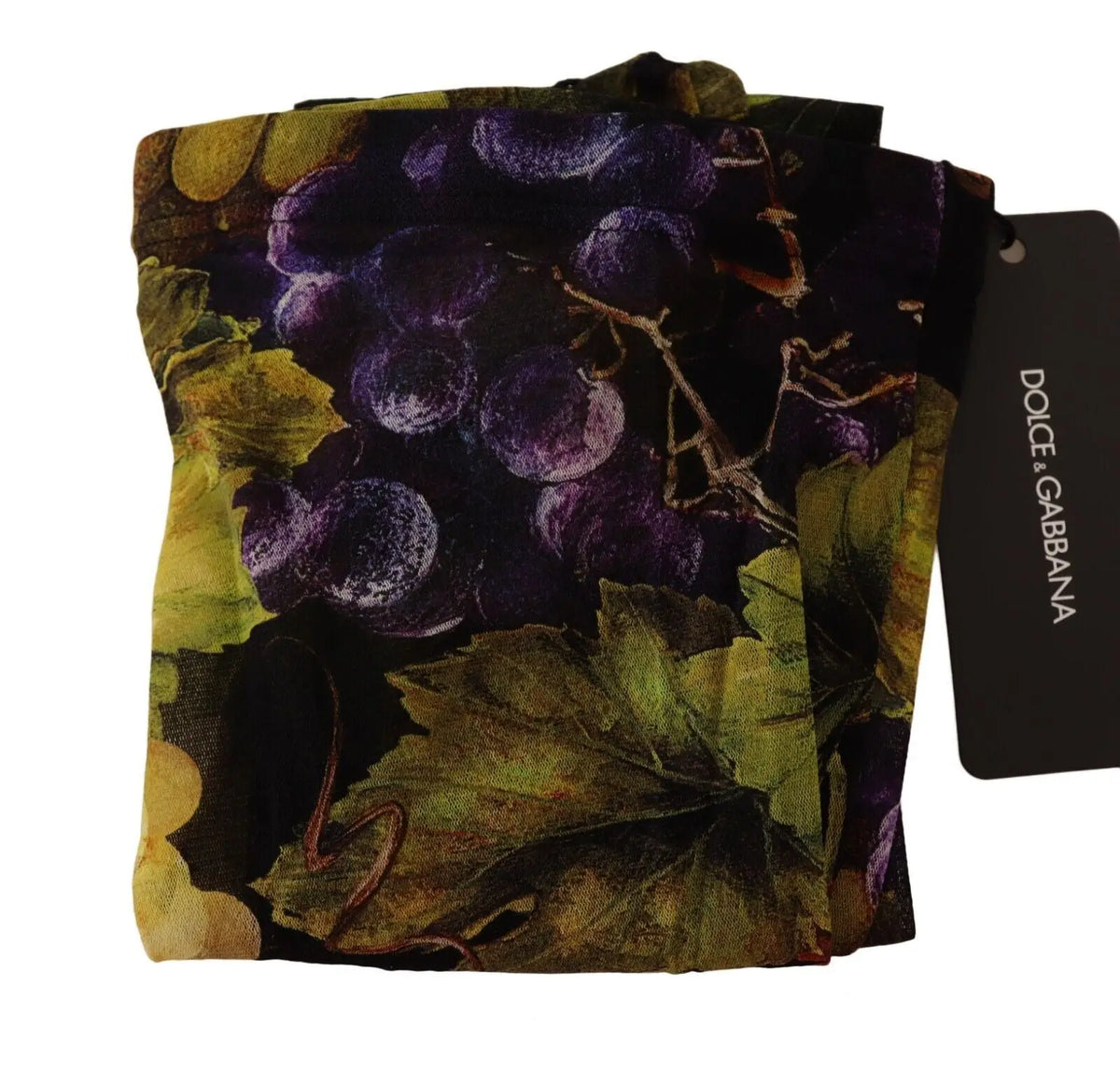 Dolce & gabbana collants noirs avec imprimé raisin violet et feuilles vertes sur fond sombre en tissu extensible