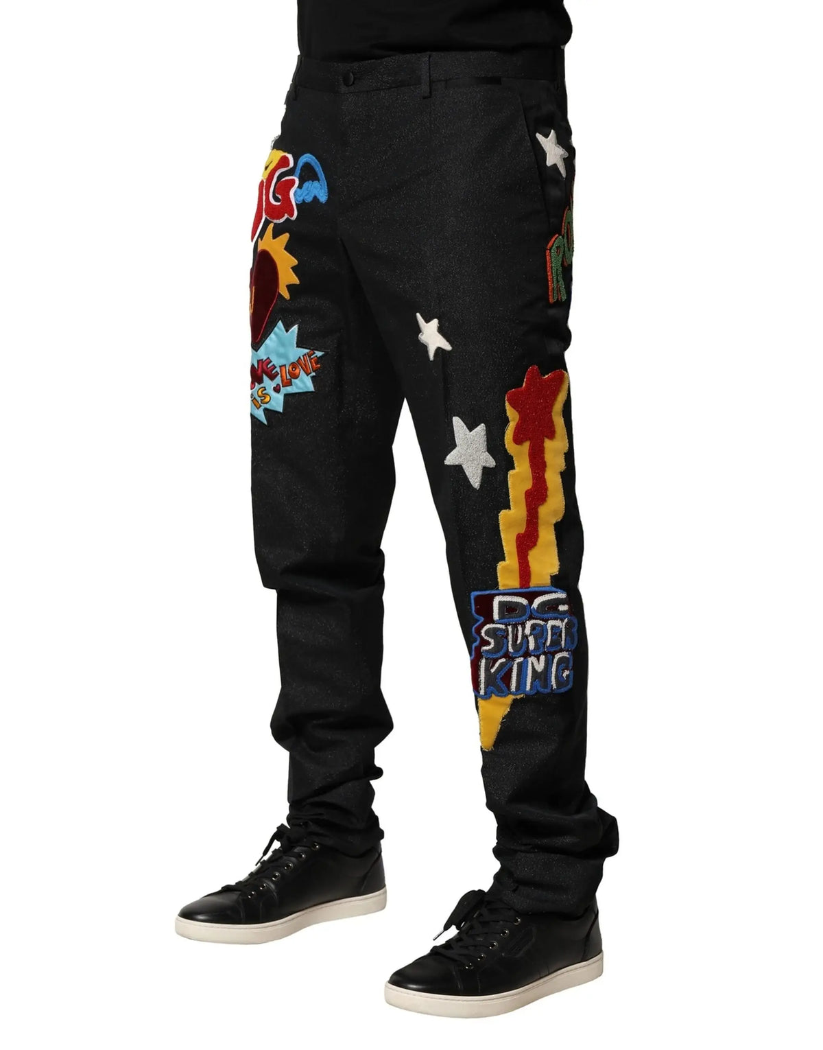 Pantalon homme dolce & gabbana noir avec patches brodés colorés style bande dessinée et étoiles