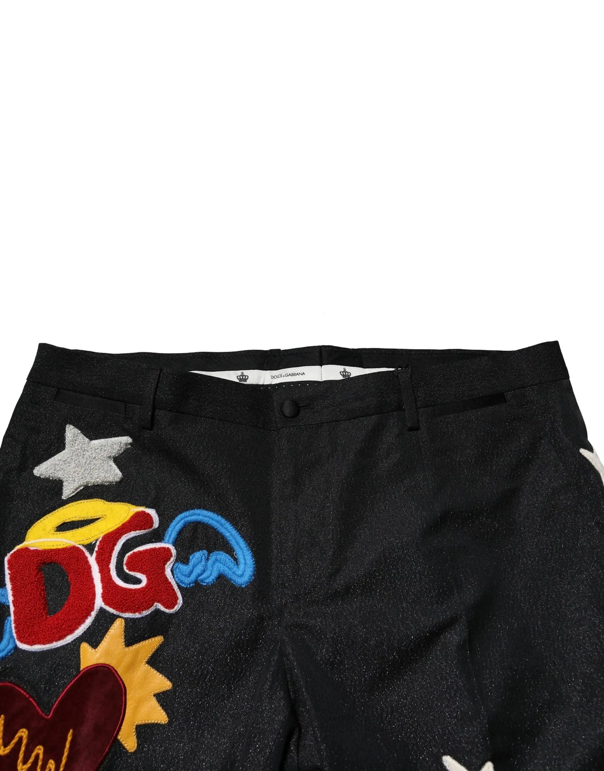 Pantalon homme dolce & gabbana noir avec broderies colorées étoiles coeurs et logo dg stylisé
