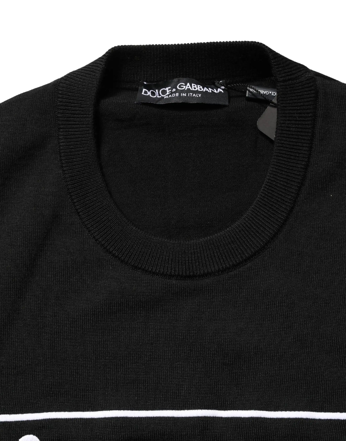 Pull en laine dolce & gabbana noir avec logo graphique, col rond côtelé et rayure blanche horizontale en bas