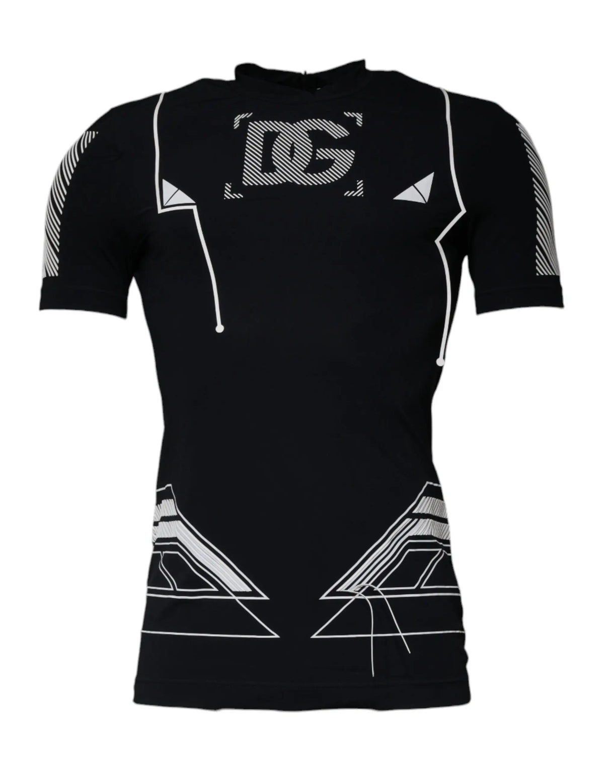 Dolce & gabbana black graphic print nylon crew neck t-shirt with white geometric dc shoes logo and patterns