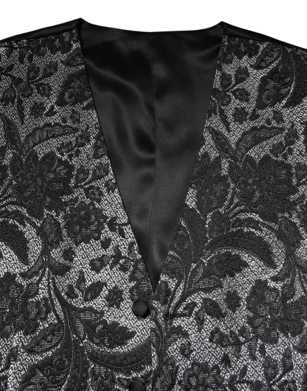 Dolce & gabbana noir gris gilet homme en brocart formel avec dentelle noire et broderie florale satinée doublée