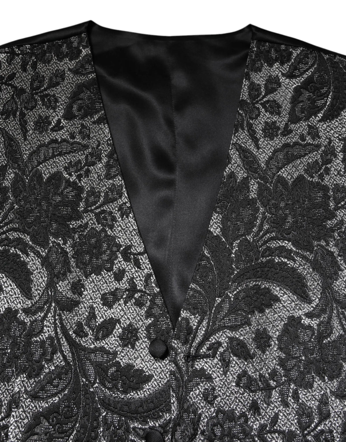 Dolce & gabbana noir gris gilet homme en brocart formel avec dentelle noire et broderie florale satinée doublée
