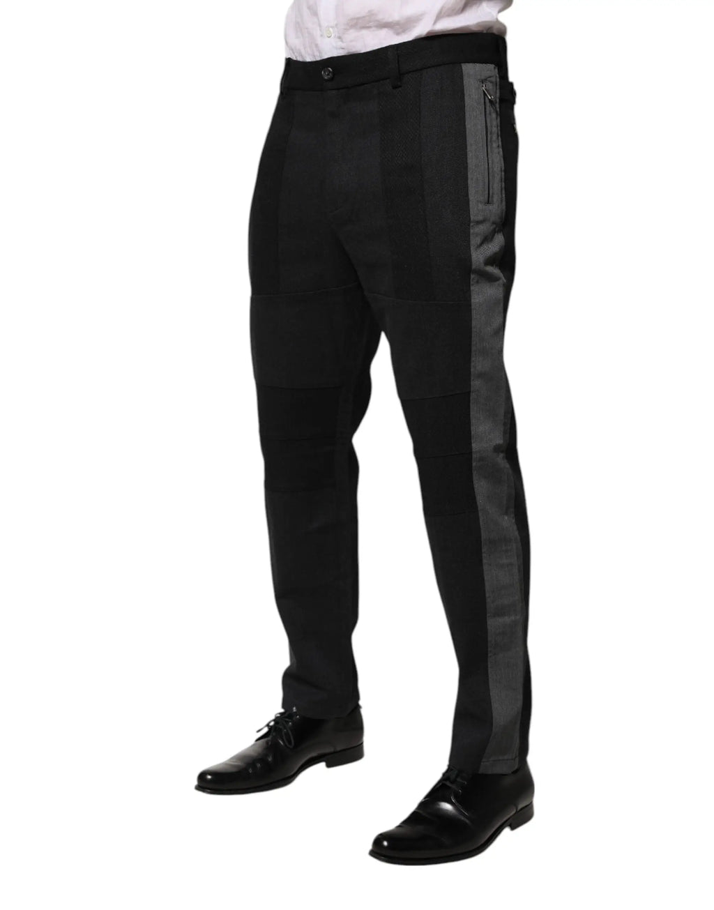 Pantalon formel Dolce & Gabbana en coton noir avec rayures verticales gris foncé et zips discrets sur poches côtés