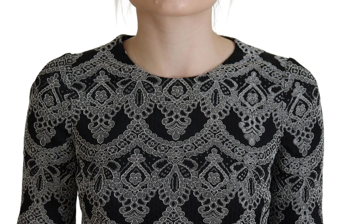 Dolce & Gabbana robe fourreau noire en jacquard gris avec top en dentelle noire et motifs floraux argentés détaillés