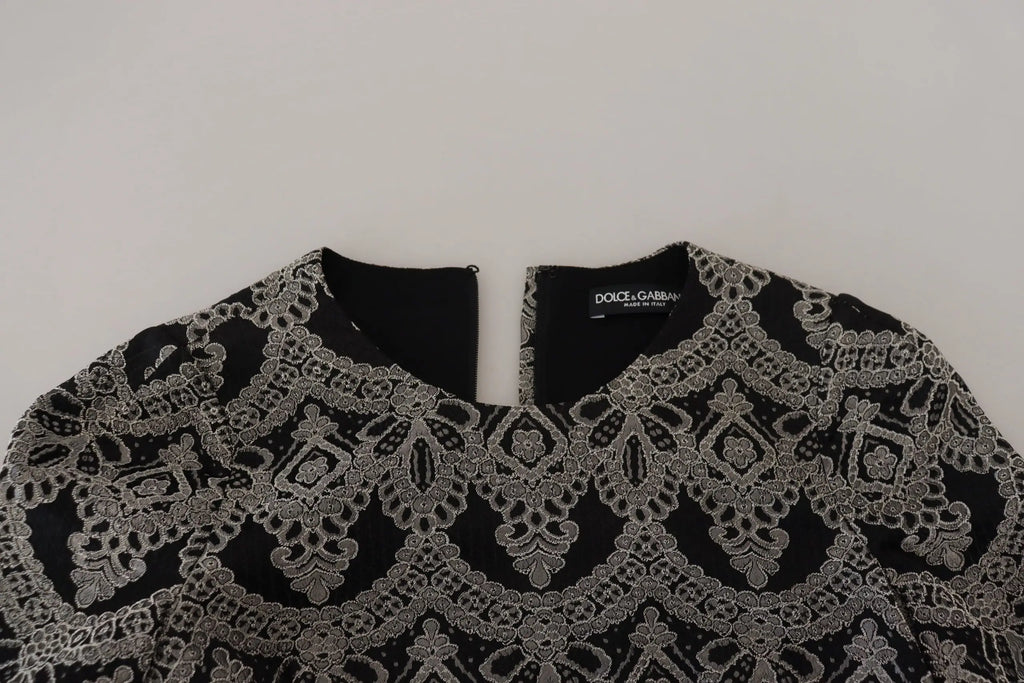 Robe noire dolce & gabbana en jacquard gris avec dentelle argentée détaillée et coupe moulante bodycon