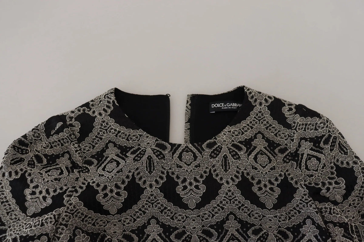 Robe noire dolce & gabbana en jacquard gris avec dentelle argentée détaillée et coupe moulante bodycon