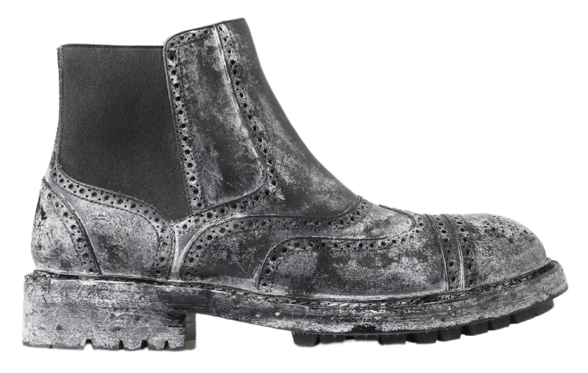 Dolce & gabbana bottines noires et grises en cuir avec détails brogues style chelsea usé