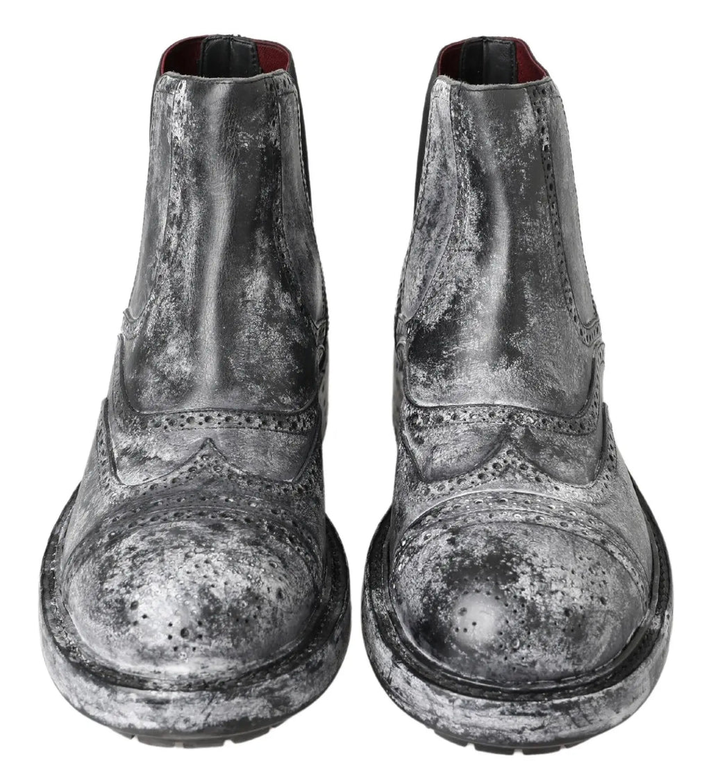 Dolce & gabbana bottines en cuir noir gris avec brogues argentées vieillies et doublure rouge