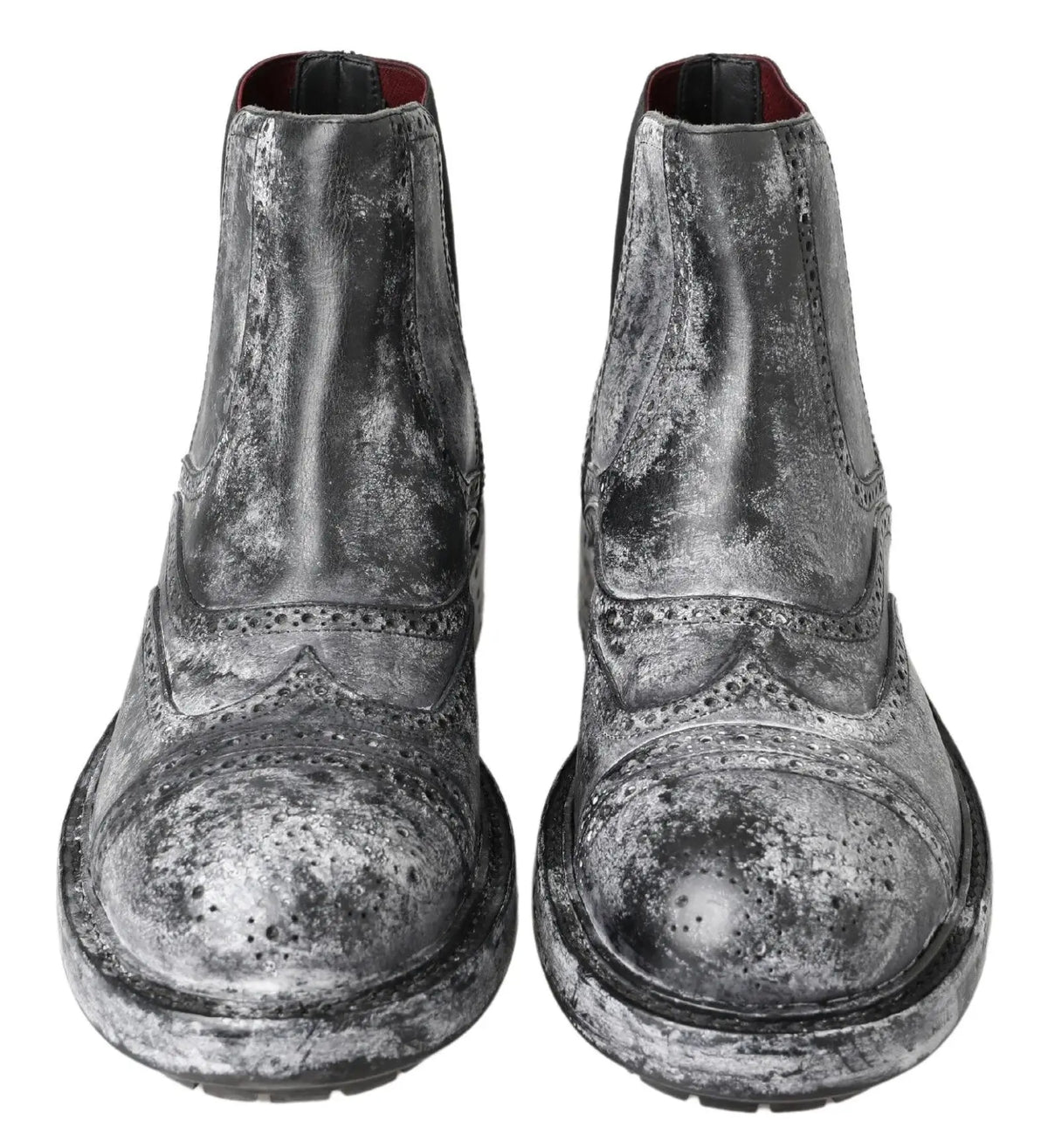 Dolce & gabbana bottines en cuir noir gris avec brogues argentées vieillies et doublure rouge