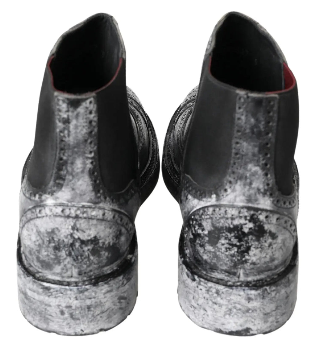 Dolce & Gabbana bottines noires en cuir avec finition argentée métallisée et broderies décoratives côtés